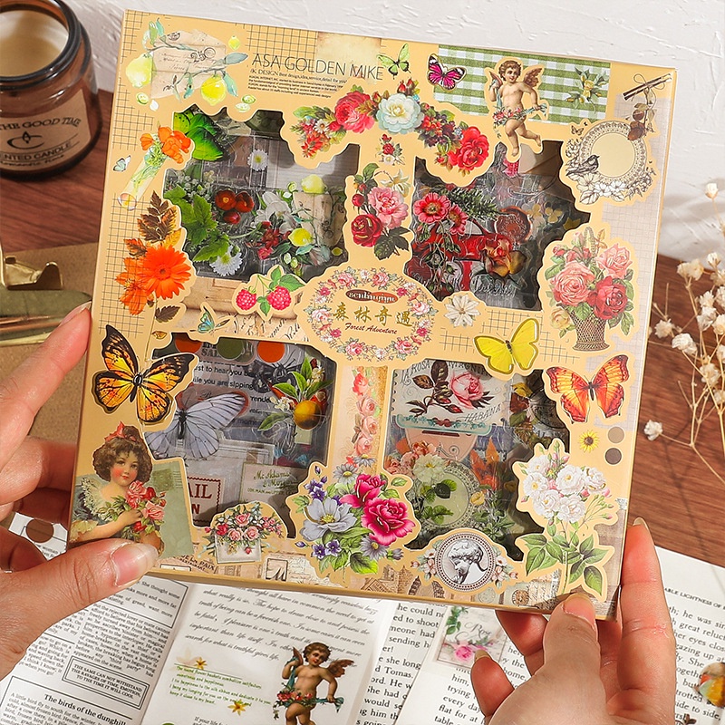 Set 20 - 30 - 60 -  100 Miếng Sticker Và Giấy Nền Hộp Style Cổ Điển Vintage Collection Retro Collage Material