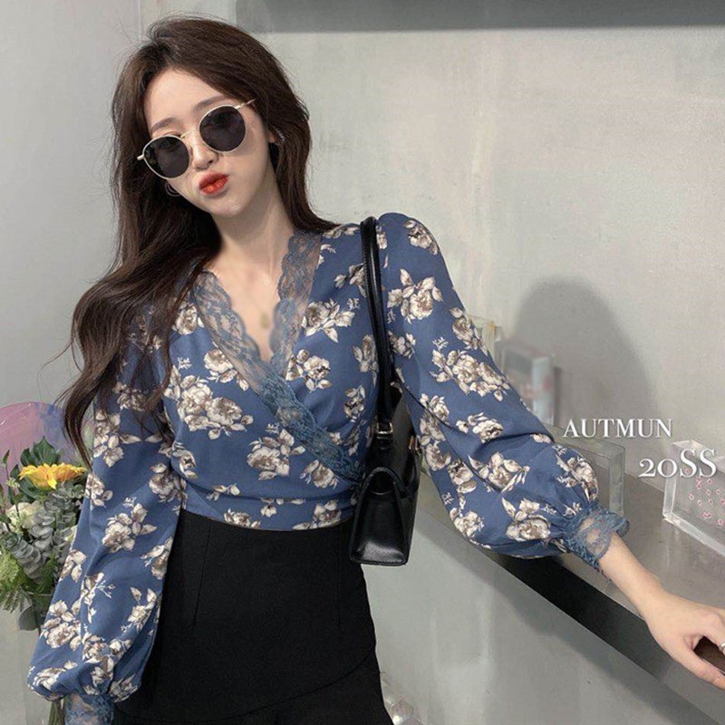 Áo Croptop Tay Dài Phối Ren Hoa Thiết Kế Cổ Chữ V Quyến Rũ Cho Nữ