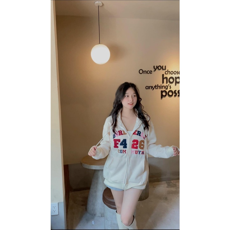 Áo Khoác Nỉ Nữ F426 Mũ 2 Lớp Áo Hoodie Nỉ Form Rộng Tay Bồng Khóa Kéo