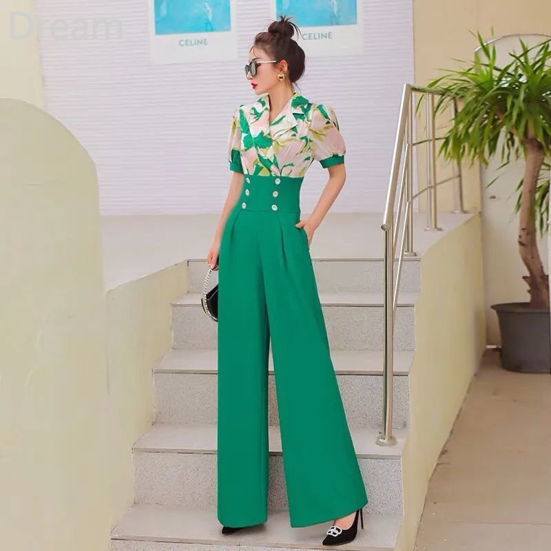 Áo liền quần vải voan in phụ nữ tính khí eo cao hai ngực chân rộng jumpsuit