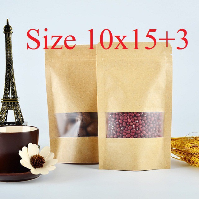 10x15 -50 túi zipper kraft đáy bầu dục phủ bóng, đựng được nước cửa sổ Đáy Đứng