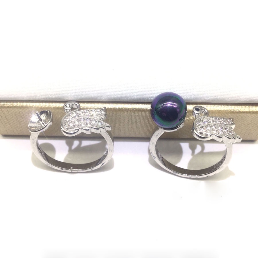 [N8B2] Phụ kiện trang sức (DIY) - Khay nhẫn bạc trống vân trơn kiểu Thiên nga nạm đá làm nhẫn đính ngọc