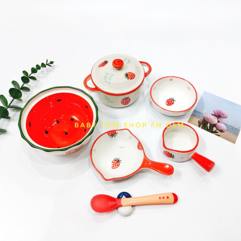 Bộ bát ăn dặm gốm sứ Hai Quai cho bé NPP Baby Tôm