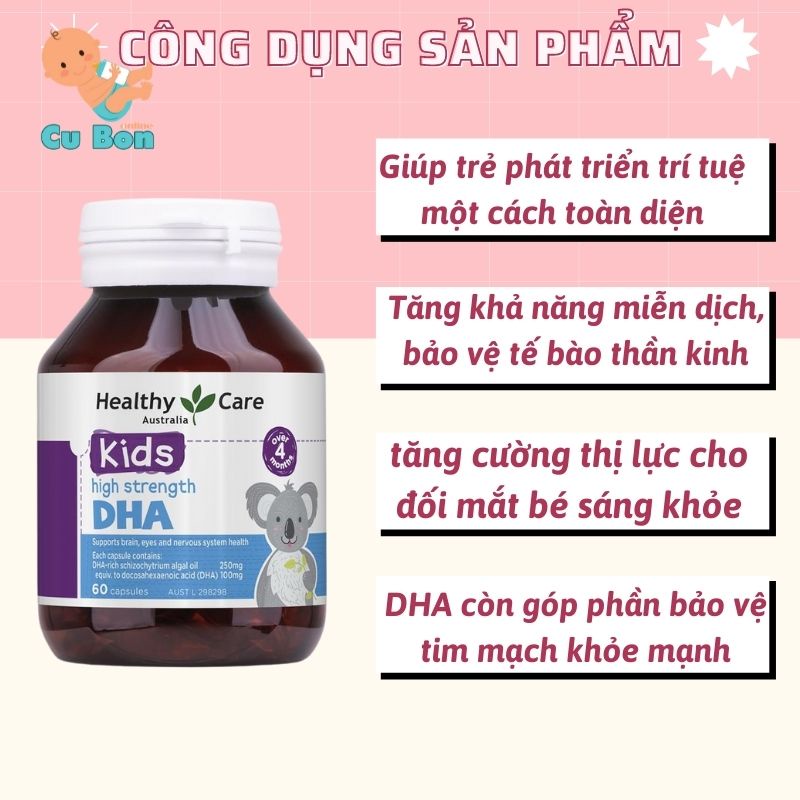 DHA cho bé Healthy Care Kid’s High strength DHA Úc 60 viên bổ sung omega-3 cho bé thông minh toàn diện từ 4 tháng tuổi