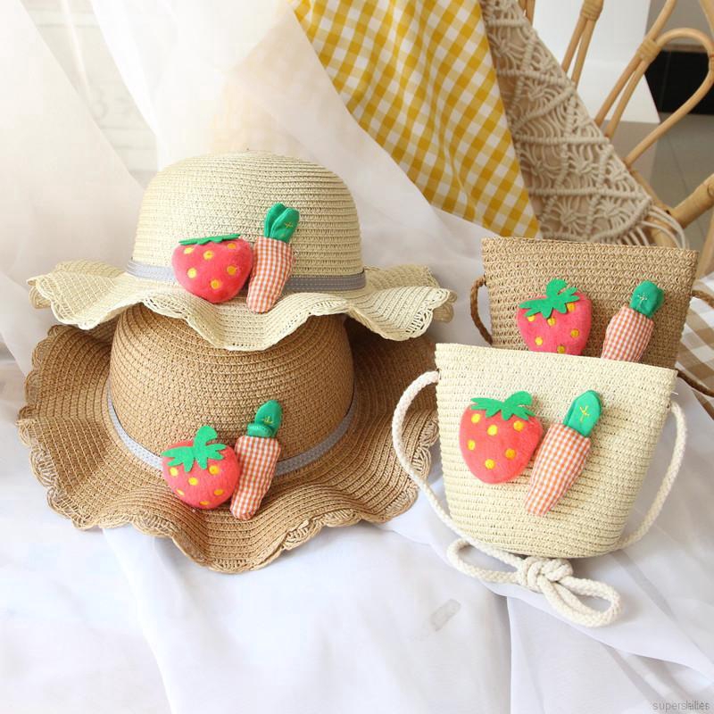 Mũ và túi đeo chéo bằng rơm ngọt ngào mùa hè cho bé gái