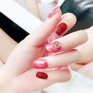 Bộ 24 móng tay giả hồng ngọc kèm keo + miếng dán/ dũa móng
