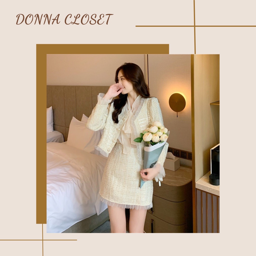 Set dạ tweed hai món dành cho nữ phối ren màu pastel phong cách tiểu thư_hàng order QCCC