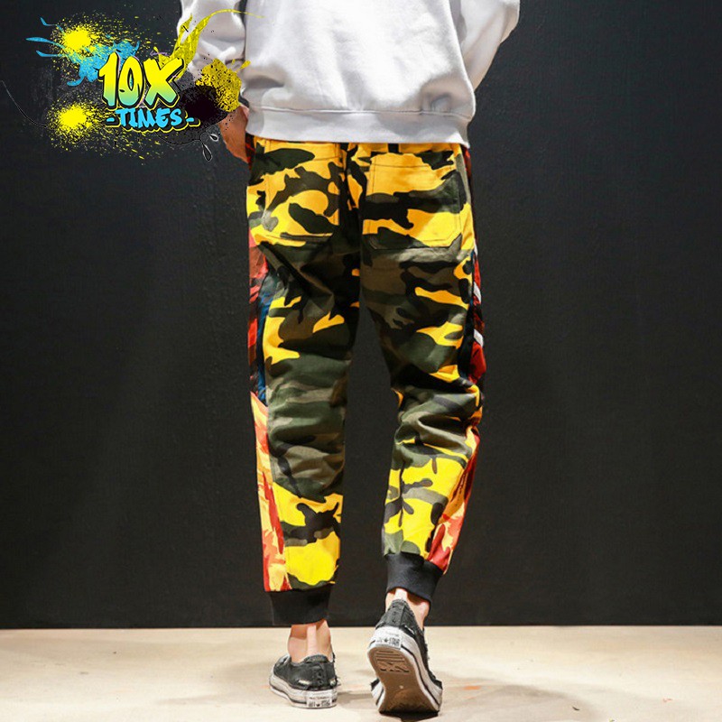 Quần jogger kaki họa tiết rằn ri nam nữ camo quân đôi cá tính màu đỏ phối vàng cá tính