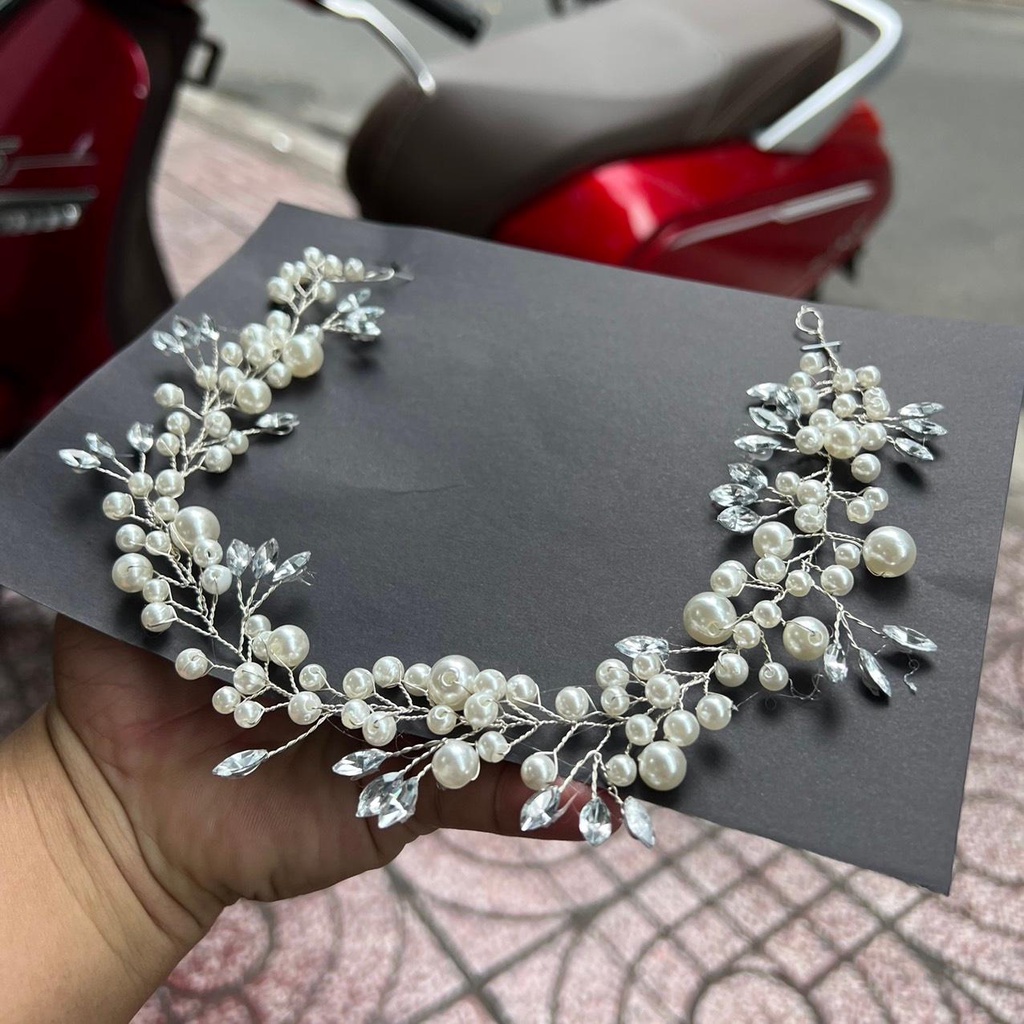 Dây hạt trai đá cài tóc cô dâu 35cm Giangpkc 2022 SP2221636  Phụ kiện cưới Giang