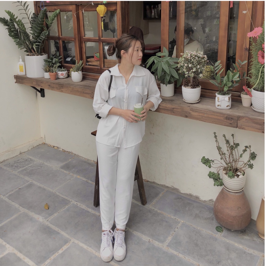 Set đồ nữ, Set áo sơ mi đũi trắng mix quần suông trắng xinh xuất sắc [Ảnh thật] | BigBuy360 - bigbuy360.vn