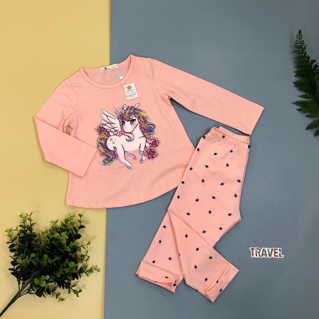 Bộ cotton thu đông đính hình Pony bông hoa viền kim sa dài tay bé gái size 2-8T, cho bạn từ 11-25kg. Chất cotton dày dặn