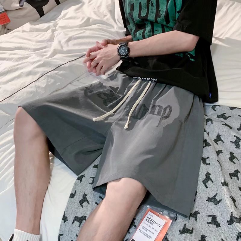Quần Short Thể Thao Ống Rộng Màu Trơn Phối Dây Rút In Chữ Thời Trang Hàn Quốc Cho Nam
