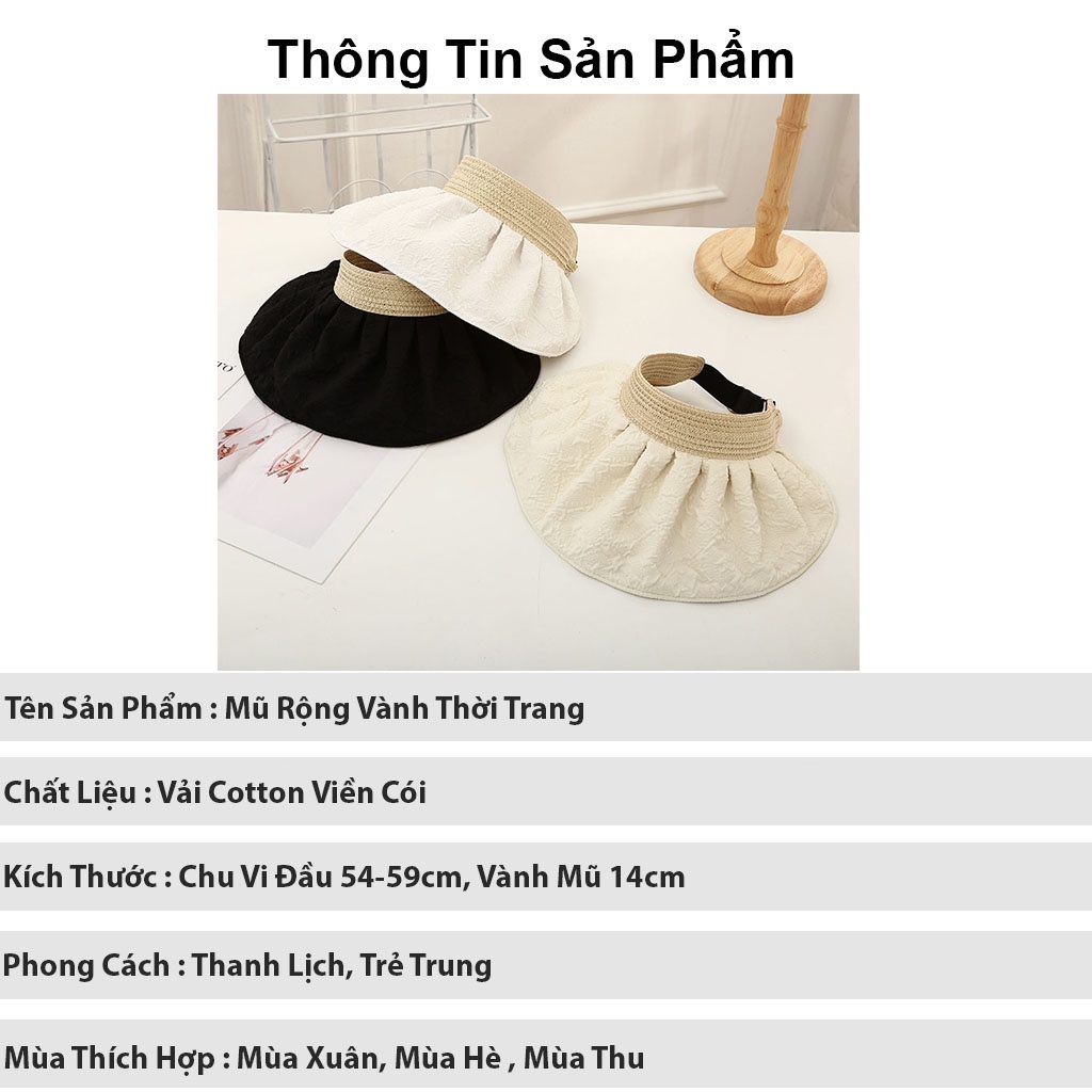 Mũ rộng vành thời trang KOMI nón nữ chống nắng nửa đầu chất cotton viền cói đẹp