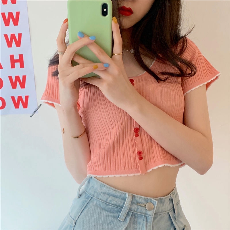 Áo Croptop Dệt Kim Tay Ngắn Thiết Kế Cổ Chữ V Quyến Rũ Cho Nữ