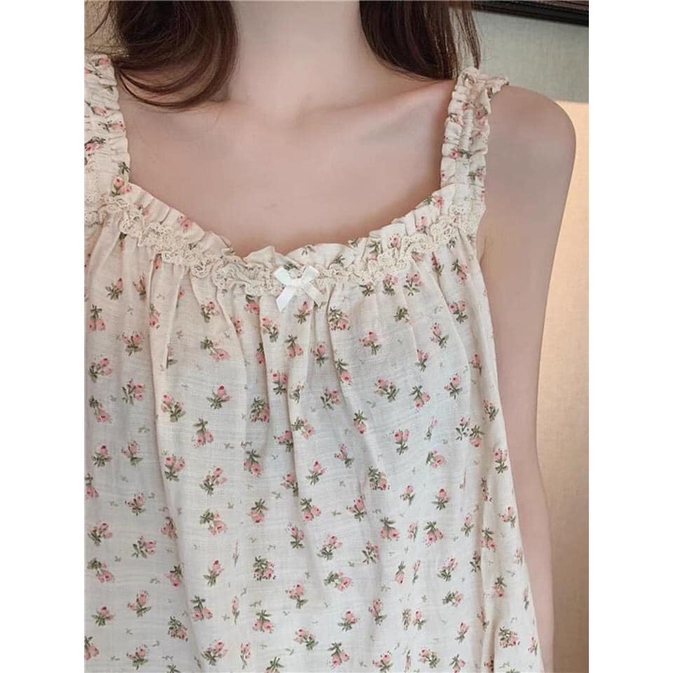 Set đũi hoa 2 dây vintage mặc nhà - Bộ đồ ngủ nữa chất đũi lạnh hoa tiết hoa nhí