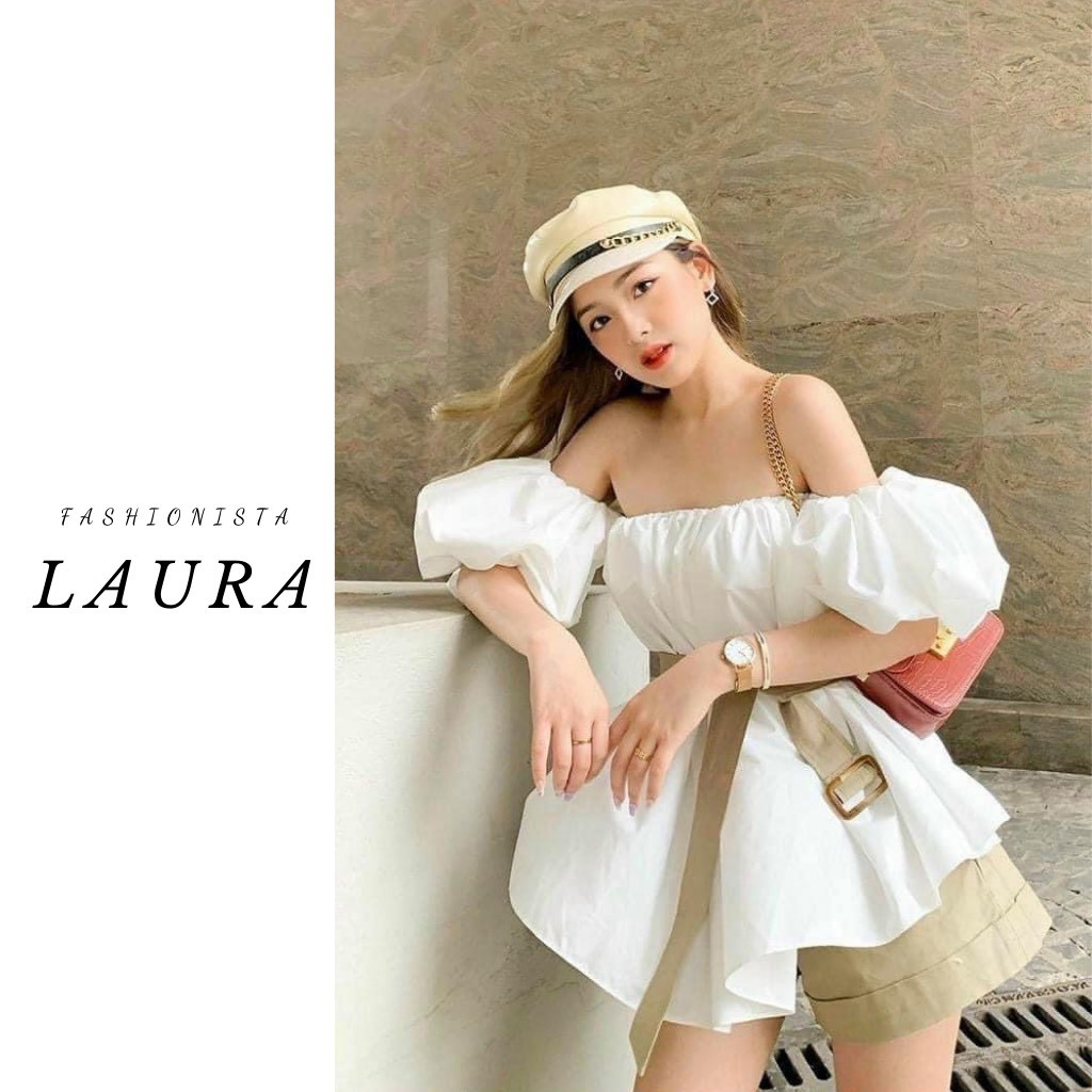 Set Áo Trễ Vai Bánh Bèo kèm Quần Đũi Laura Boutique - Bộ áo trễ vai bánh bèo tiểu thư KÈM ẢNH THẬT