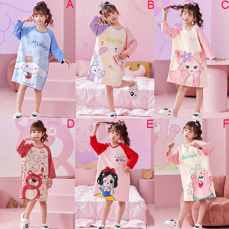 Đầm Ngủ Tay Dài Chất Cotton In Họa Tiết Hoạt Hình Phong Cách Hàn Quốc Xinh Xắn Cho Bé Gái