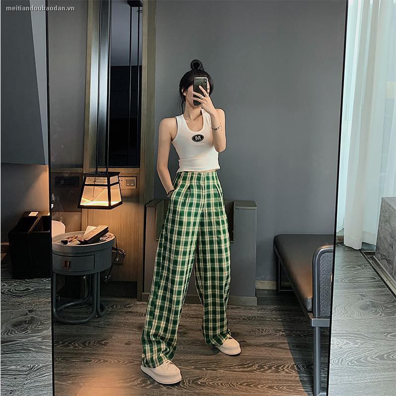 ﹉▨┅Summer Korean version of 2020 new high waist loose drape wide-leg trousers ins all-match plaid casual pants women’s trend