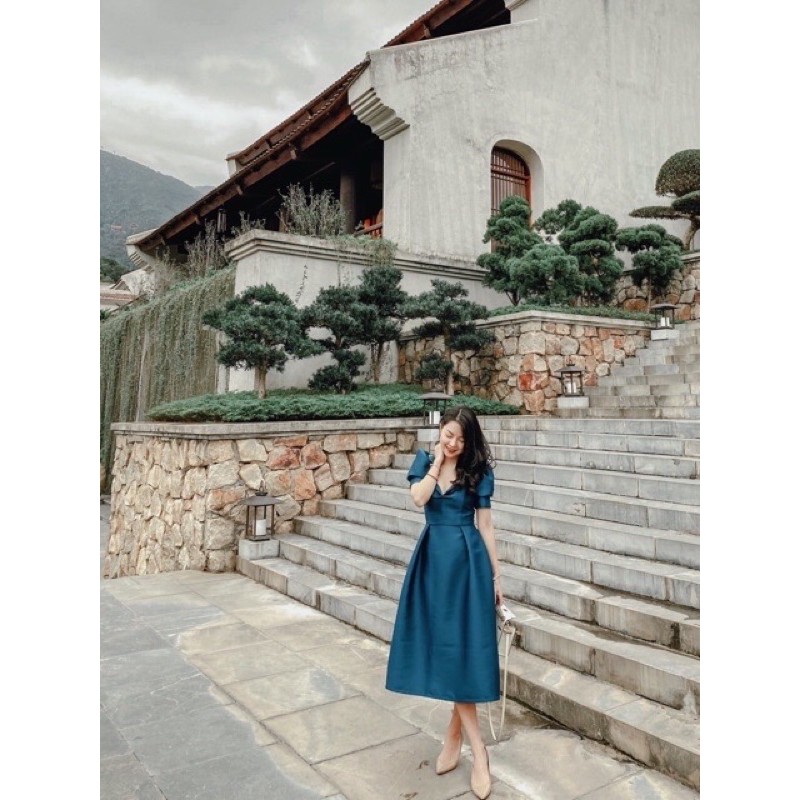 Váy đầm xanh và nâu be tafta tay bồng dáng xoè by thiennly