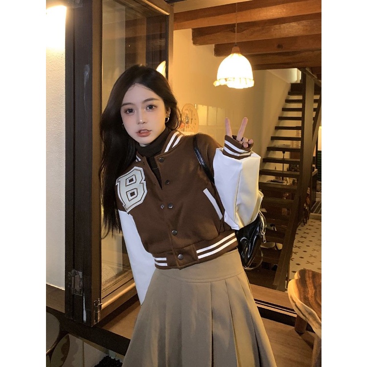 Coffee baseball coat for women spring and autumn 2022 new relaxed-fit all-match design style short coat trendy T2zx