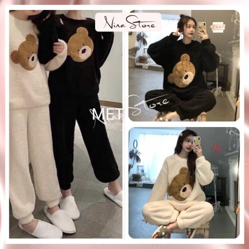 Bộ đồ ngủ nữ mặc nhà thêu gấu dễ thương lông mượt mịn mặc mùa đông siêu ấm áp 2 màu NinaStore