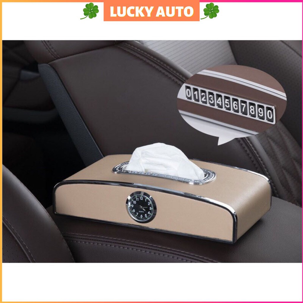 Hộp đựng khăn giấy kèm đồng hồ và bảng số điện thoại trên xe ô tô cao cấp - Lucky Auto