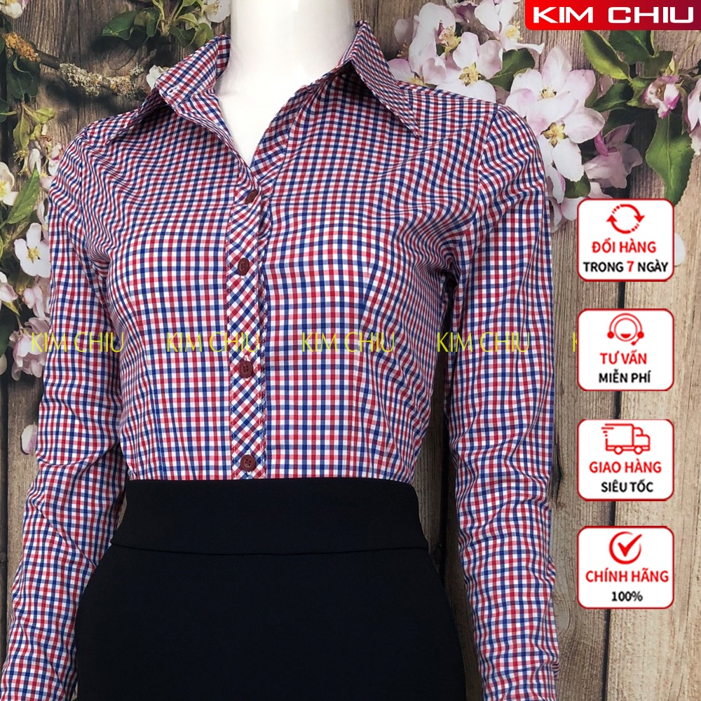 Áo Sơ Mi Nữ Công Sở Kim Chiu Kẻ Caro, Màu Tím Tay Dài Vải Kate Mỹ Đẹp Ít Nhăn Giãn Nhẹ ĐỔI TRẢ THOẢI MÁI. SMTD01
