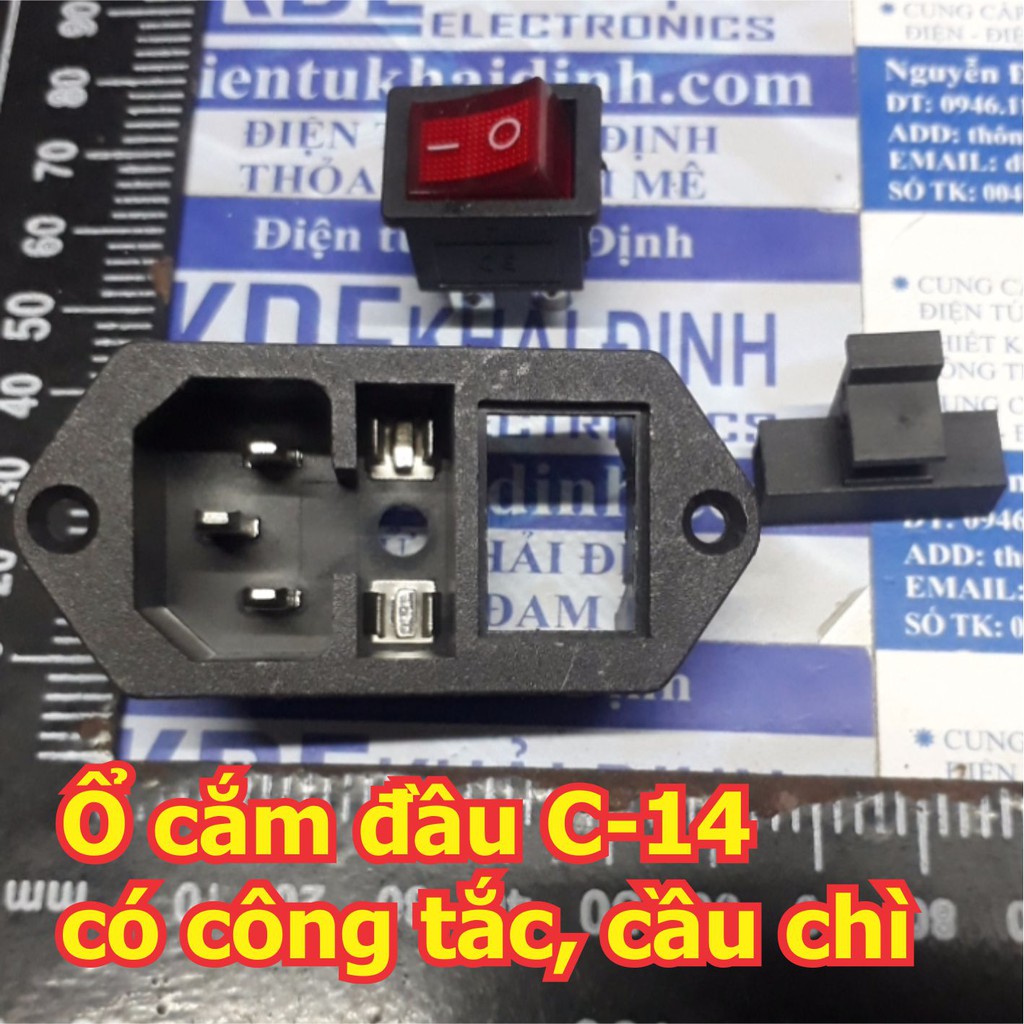 Ổ cắm điện 3 chấu đầu cái C-14, ổ nguồn AC 3 chân 220VAC có công tắc, ổ cắm cầu chì kde7040