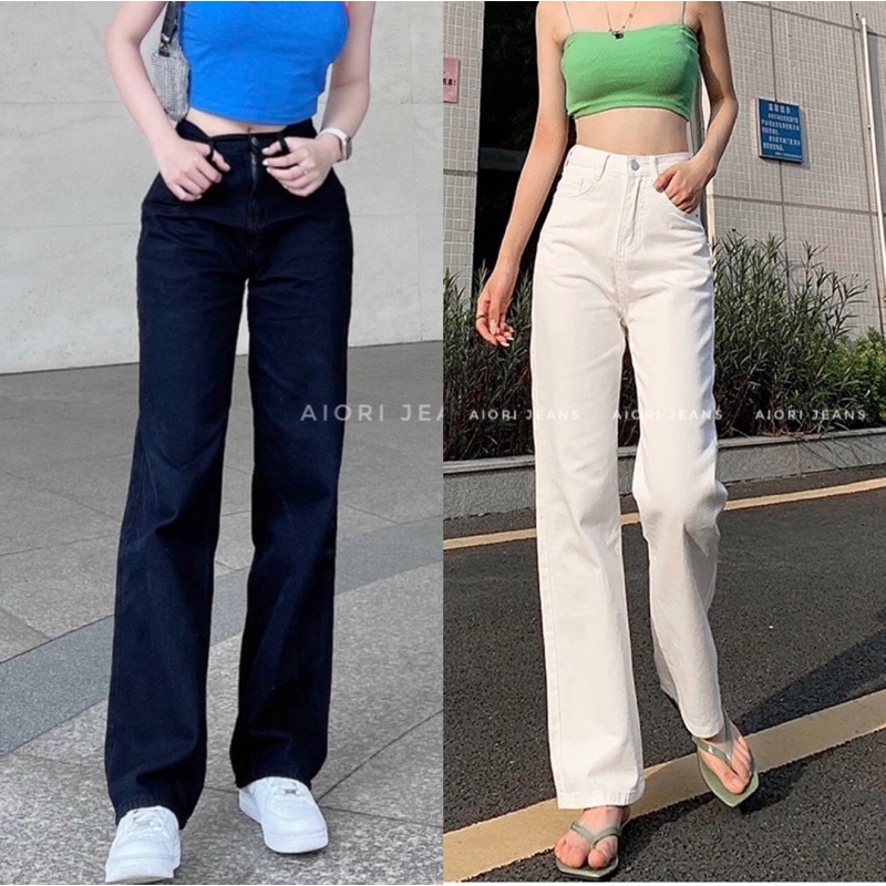 Quần Jean Nữ Aiori Fashion Ống Suông Lưng Cao Trắng Đen Quần Bò Ống Rộng Culottes Cotton Ulzzang, Hàng Cao Cấp_Mã AF3335