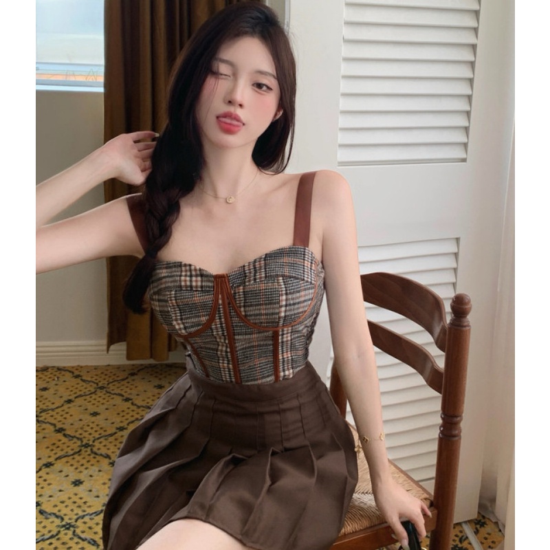 Áo Lửng Họa Tiết Caro Phong Cách Retro Thời Trang Mùa Hè Cho Nữ