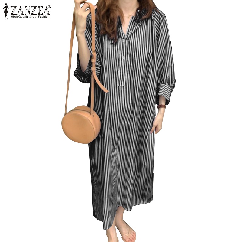 Đầm dài Zanzea tay 3/4 cổ tròn xẻ tà kẻ sọc thời trang dành cho nữ