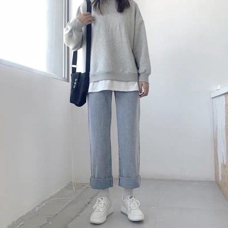 Quần bò nữ - quần jeans ống rộng lưng cao, vải bò dày đẹp , không giãn ,dáng suông