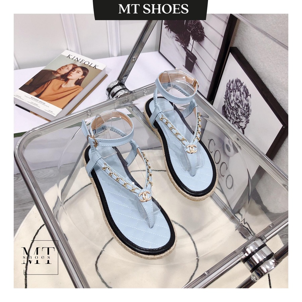 Sandal Hiền Hồ đế bệt viền cói phối xích mặt trần chỉ hàng cao cấp chất da chuẩn đẹp form siêu tôn chân - MT Shoes
