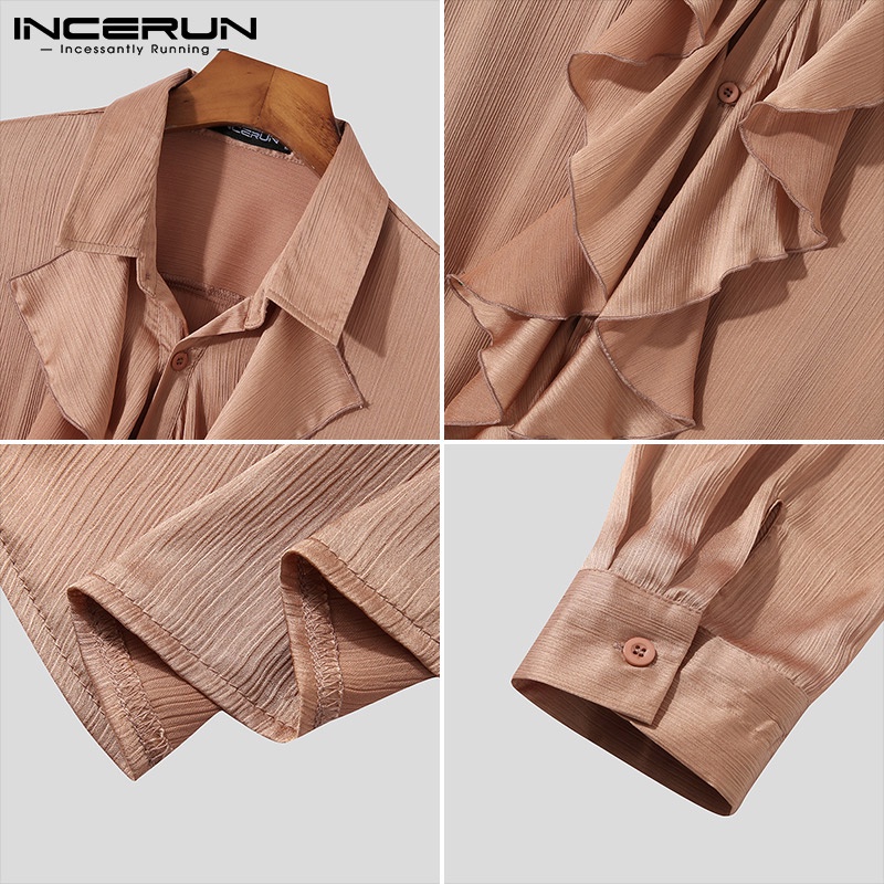 Áo sơ mi Incerun tay dài phối bèo màu trơn thời trang sang trọng thích hợp cho nam