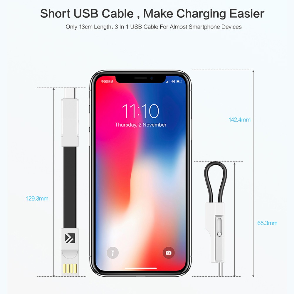Cáp sạc Micro USB &amp; Type C &amp; 3 trong 1 thiết kế móc khóa tiện dụng