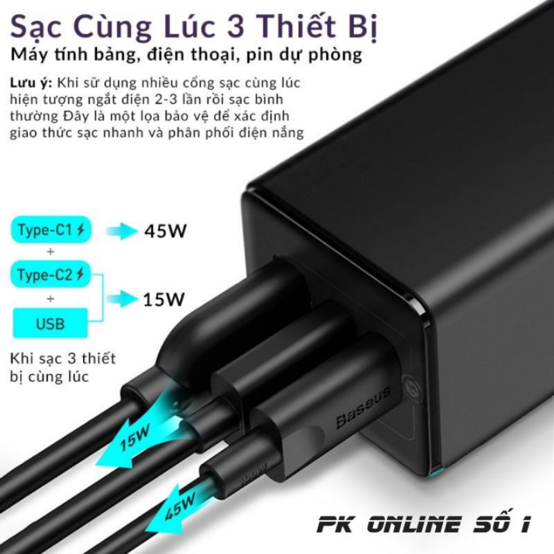 Củ sạc nhanh Baseus GaN 2 Pro 65W USB Quick Charge 4.0 Cho Iphone 12 Pro max / Macbook/ Laptop [Tặng Cap C to C]