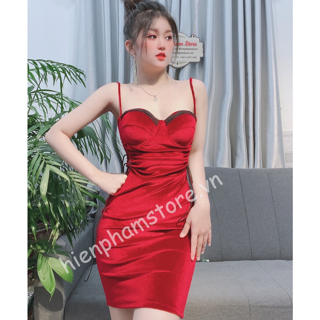 Đầm body 2 dây cúp quả ngực, khoét hở eo sexy, đầm  cúp ngực rút dây, đầm nhung dự tiệc, đi chơi - màu đen, đỏ