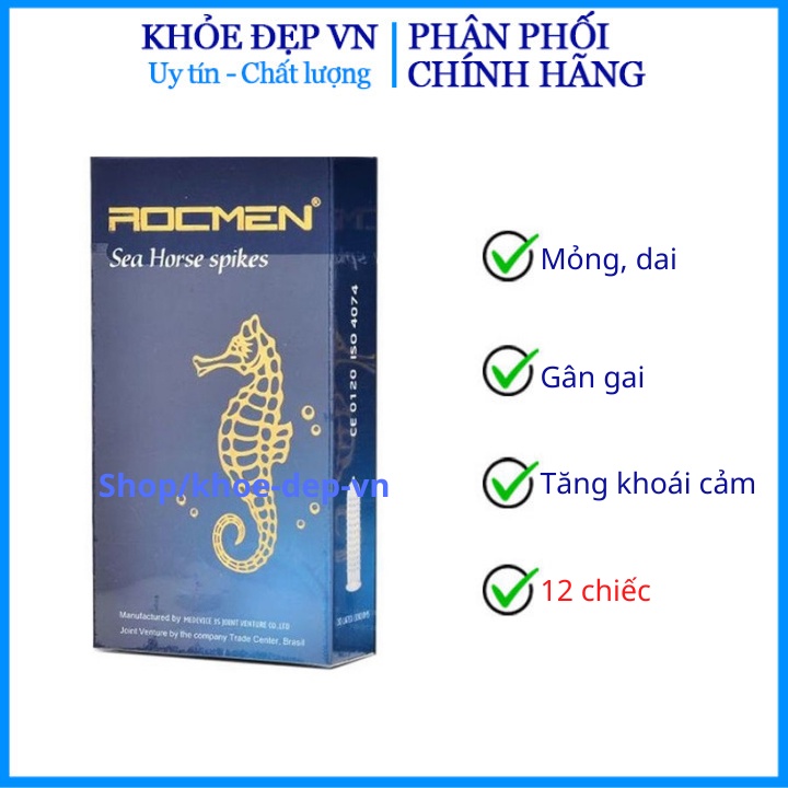 [ che tên khi giao hàng] Bao cao su gân gai tăng khoái cảm Rocmen Brazil Cá ngựa xanh - Hộp 12  chiếc