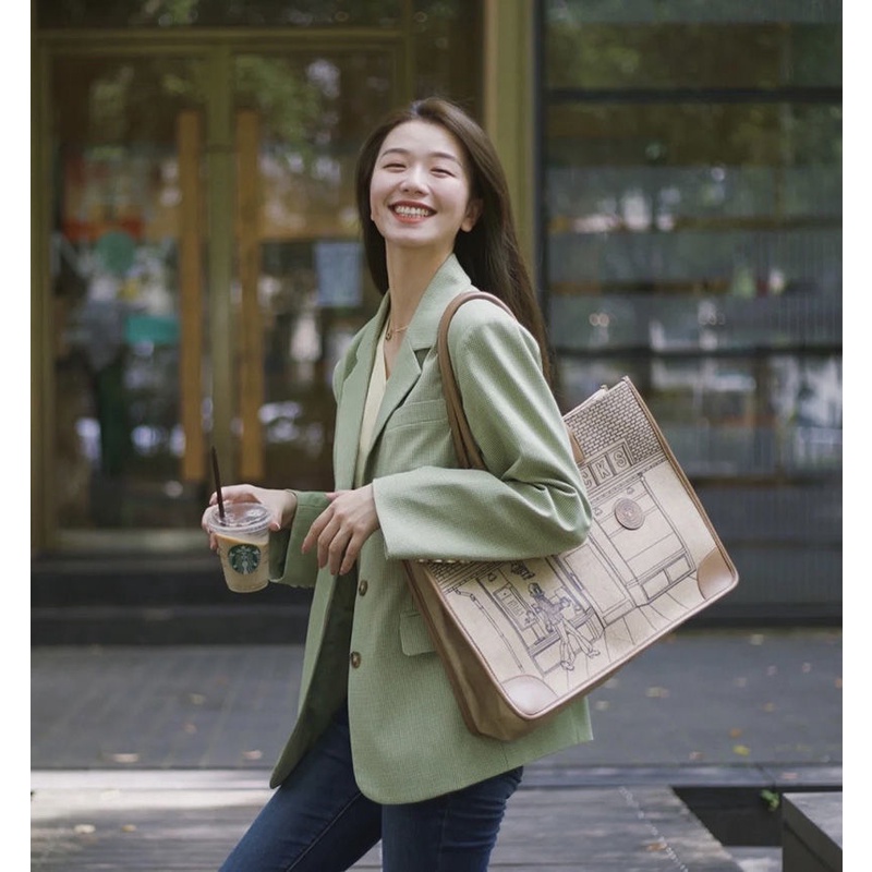 Túi xách canvas đeo 1 bên vai họa tiết Starbucks bộ sưu tập giới hạn năm 2021 kỷ niệm lần thứ 50 vintage sức chứa lớn