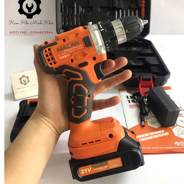Máy khoan pin không chổi than 10MM MACAN 21V - Chân pin thông dụng |Khoan từ cầm tay động cơ không chổi than