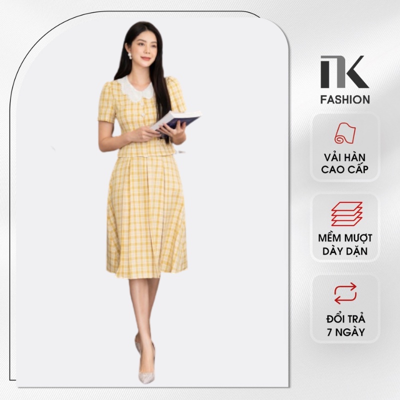 Set Váy Kẻ Phối Ren Nữ NK Fashion Vải Hàn Cao Cấp Phối Chân Váy Ly Hộp Thanh Lịch Sang Trọng NKBD2202006