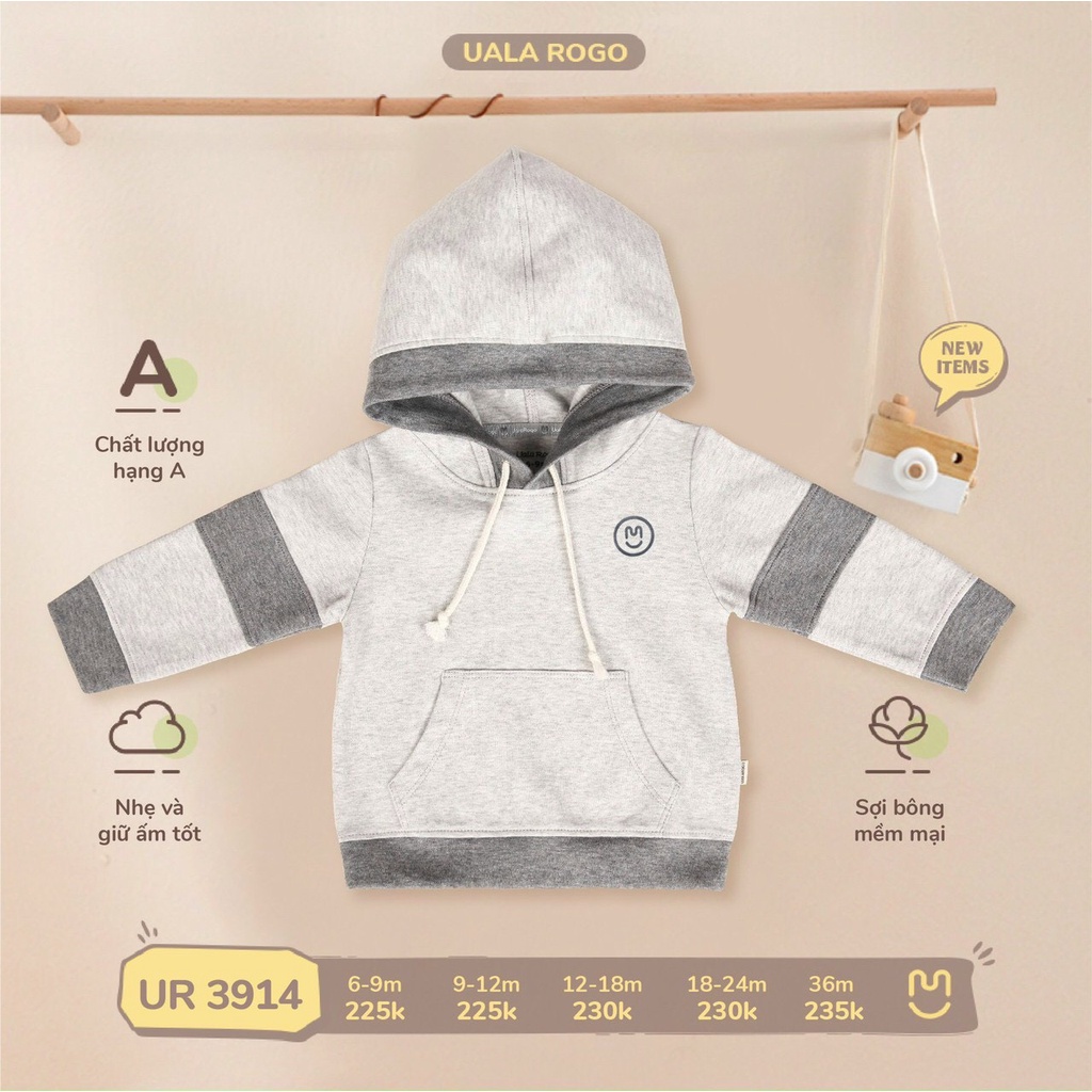 UR3914 Áo hoodie nỉ có mũ UalaRogo dày vừa cho bé (6-36M)