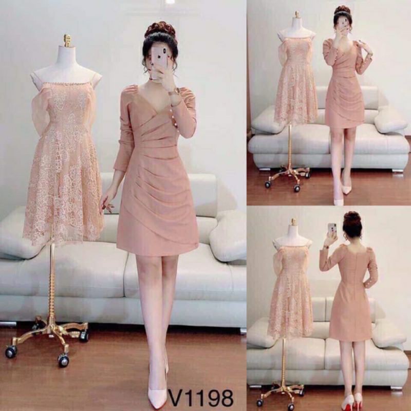 Đầm cổ V xếp ly ngực tay phối nút