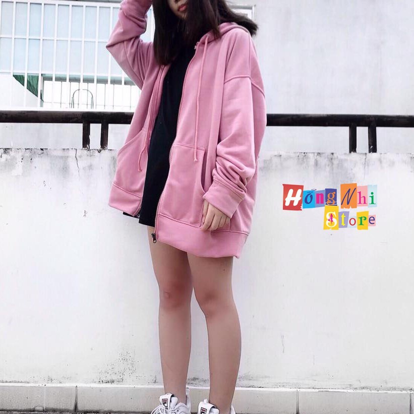 Áo Khoác Hoodie Zip Trơn Oversize Ulzzang Unisex Hoodie Dây Kéo Màu Hồng Ruốc Dáng Rộng - MM