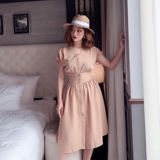 Đầm midi nút bọc cổ V trơn nhẹ nhàng xinh xắn