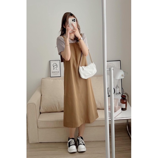 Set yếm kaki kèm áo phông kẻ form rộng phong cách Ullzang