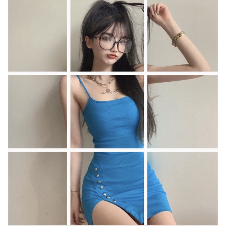 Đầm body 2 dây cổ vuông sexy, viền đính khuy cực sang chảnh | BigBuy360 - bigbuy360.vn