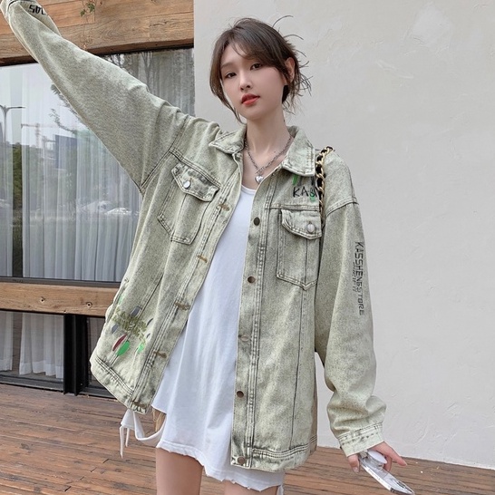Áo khoác denim ZHELIHANGFEI dáng rộng họa tiết thêu phong cách cổ điển thời trang