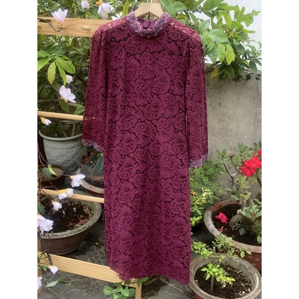 Đầm ren màu đỏ nho dáng dài 2hand