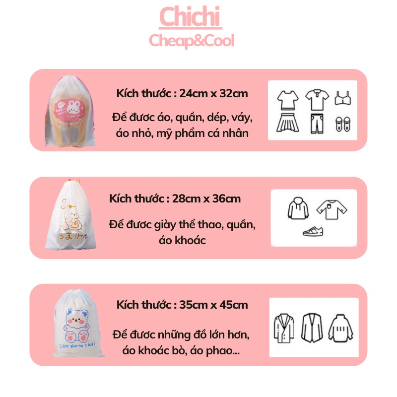 Túi zip có khóa kéo in hình gấu nhỏ xinh cute túi dây rút đựng quần áo mỹ phẩm chống nước Chichi TCN10